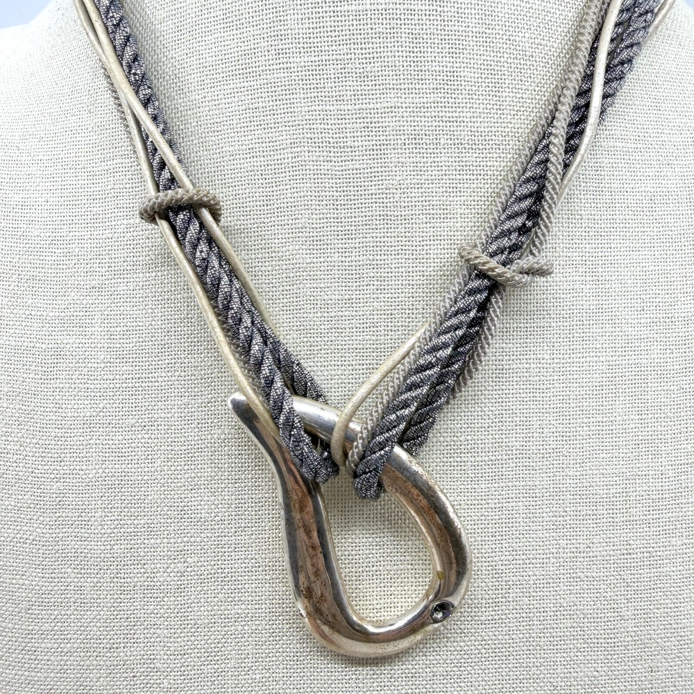 Statement Silver Tone Hook Pendant Multi-Strand Cord Necklace Festival Jewelry
